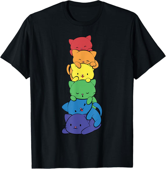 Cute LGBT Rainbow Gay Pride Flag Kawaii Cat Pile Anime Art T-Shirt