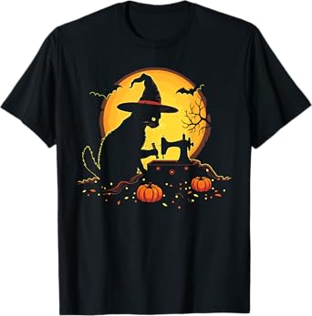 Witch Cat Sewing Halloween Costume Thread Moon Art Women T-Shirt
