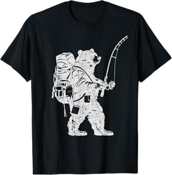 Funny Bear Fishing, Bear with Backpack, Hiker Bear Graphic T-Shirt