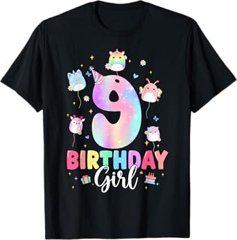 Funny 9 Year Old Birthday Girl Tie Dye 9th Birthday Kids T-Shirt