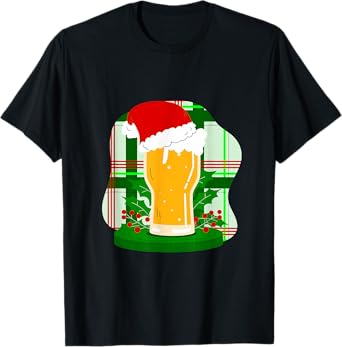 Ugly Christmas Beer Santa Claus Holly Plaid Funny Xmas T-Shirt