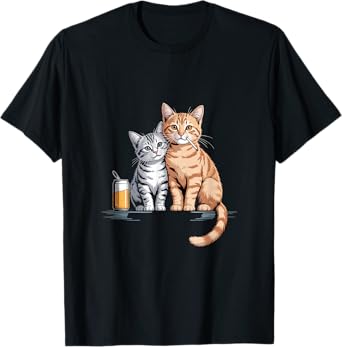 Two Cats With Beer And Cigarette Cartoon Design T-Shirt