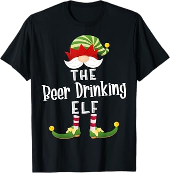 Beer Drinking Elf Group Christmas Funny Pajama Party T-Shirt