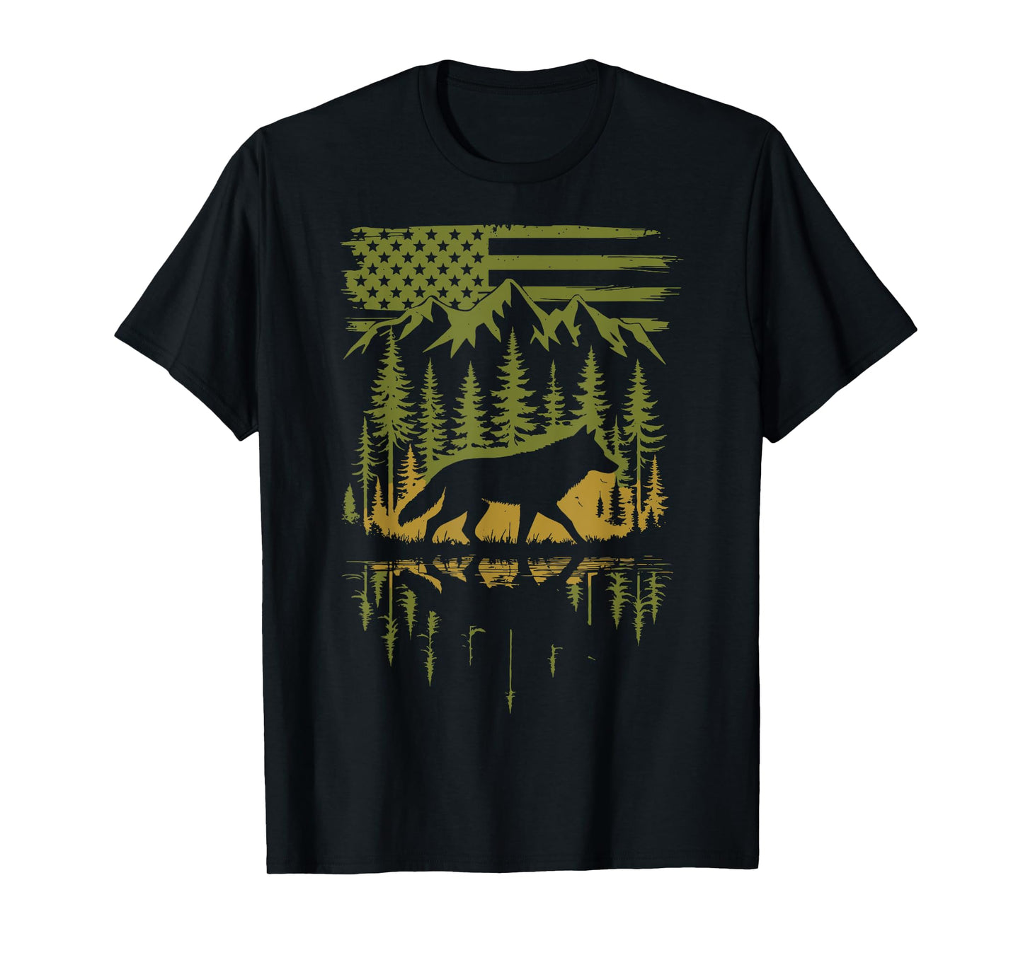 Wolf USA Flag Mountain Outdoor Wildlife Retro T-Shirt