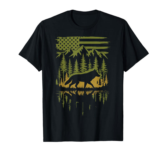 Wolf USA Flag Mountain Outdoor Wildlife Retro T-Shirt
