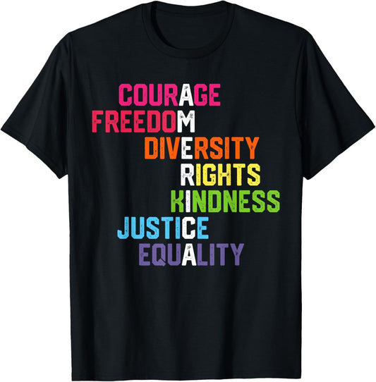 Courage Freedom Diversity Equality Justice Retro USA Flag T-Shirt