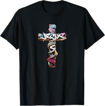 Christian Cross of Christ Graffiti Punk Art Style distressed T-Shirt
