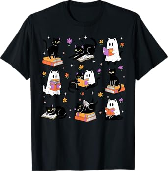 Books Lover Bookish Cute Ghost Cat Reading Halloween Spooky Men Women Kids T-Shirt