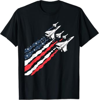 Patriotic Fighter Jet Airplane American Flag Vintage T-Shirt for Women Girls Kids Men