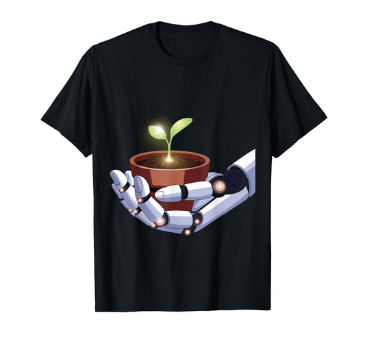 Robot Hand Holding Plant Design T-Shirt