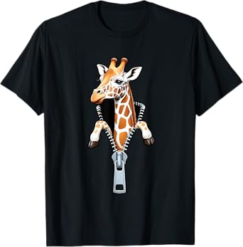 Cute Giraffe Emerging from A Zipper Funny Animal Design T-Shirt