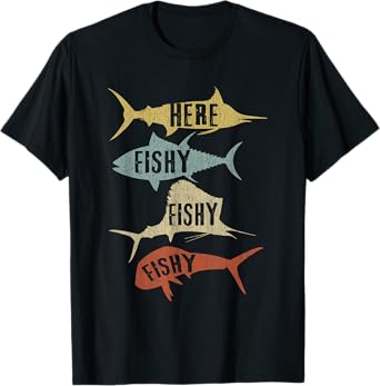 Salt Water Fishing Gift Ideas Funny Vintage Here Fishy-Fishy T-Shirt - Men's Unisex Black Cotton Polyester Short Sleeve T-Shirt - Small