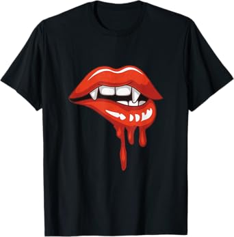 Red Lips Vampire Fangs Teeth Bite Dracula Halloween T-Shirt