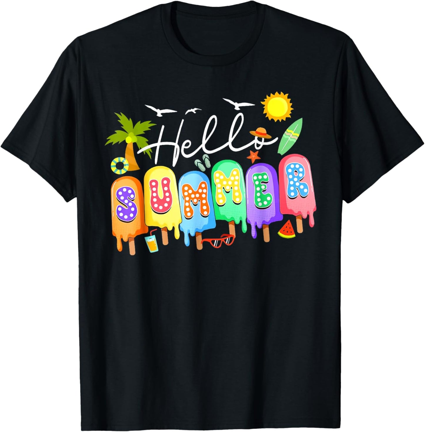 Hello Summer Cool Colorful Popsicle Graphic Summer Vacation T-Shirt