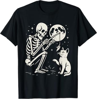Skeleton Cat Moon Night Halloween Funny Cute Men Women Girls T-Shirt