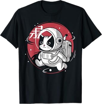Japanese Minimalist Retro Space Cat Good Luck Kanji T-Shirt for Men Women Kids