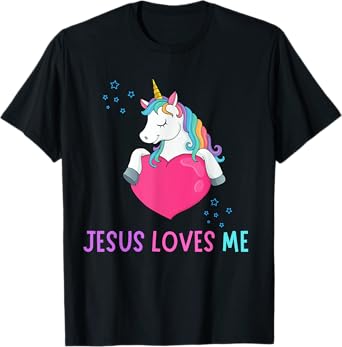 Kids Jesus Loves Me Christian Bible Girls Rainbow Unicorn T-Shirt
