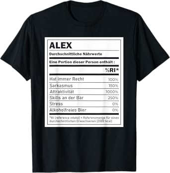 Alex Personal Saufshirt Nutrition Chart Alcohol Beer T-Shirt