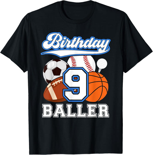 9th Sports Birthday Party Nine Year Old Boy Birthday Sports T-Shirt