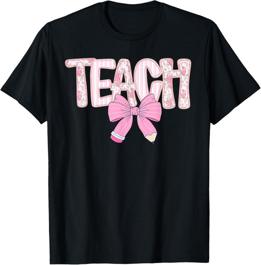Coquette Bow Teacher Happy First Day Back to School Tee by TeeBrew