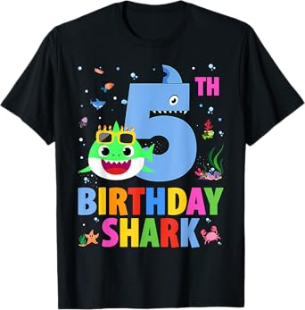 Funny 5th Birthday Shark 5 Year Old Birthday Boy Girl Party T-Shirt