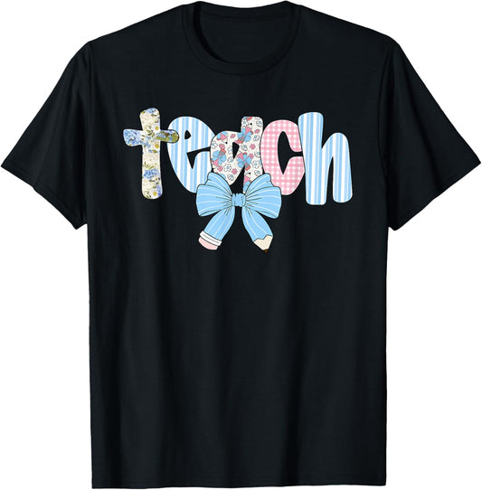 Coquette Bow Teach Happy First Day Back To School Preschool Teacher Tee | TeeBrew