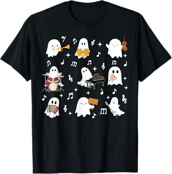 Halloween Music Teacher Ghost Playing Musical Instruments T-Shirt
