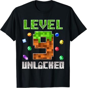Birthday Boy Level 9 Unlocked 9th Birthday Game Pixel T-Shirt