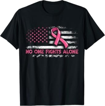 No One Fights Breast Cancer Alone American Flag Pink Ribbon T-Shirt