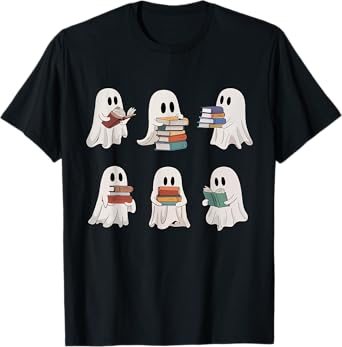 Ghost Reading Books Teacher Halloween Librarian Cute Boook T-Shirt