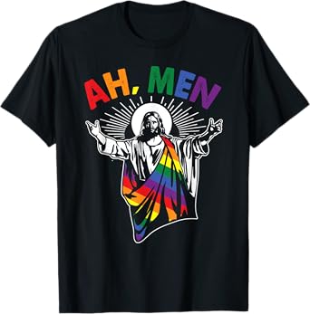 Ah Men Funny LGBT Gay Pride Jesus Rainbow Flag Christian Short Sleeve T-Shirt