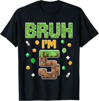 Funny 5 Year Old Bruh 5th Birthday Boy Video Gamer Pixel T-Shirt