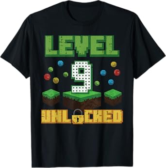 Level 9 Unlocked Pixel Gamer 9th Birthday Gaming Boys Kids T-Shirt