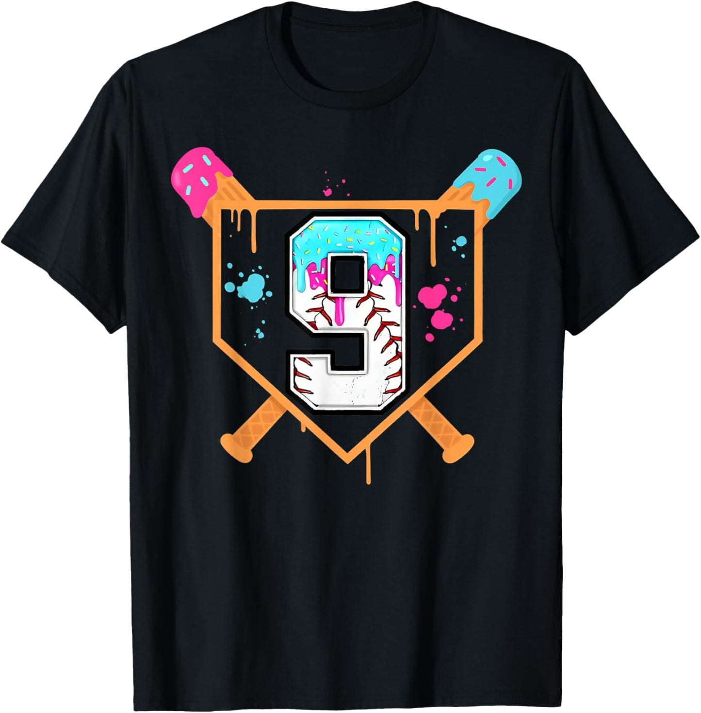 Baseball 9th Birthday Ice Cream Drip 9 Year Old Birthday Boy T-Shirt