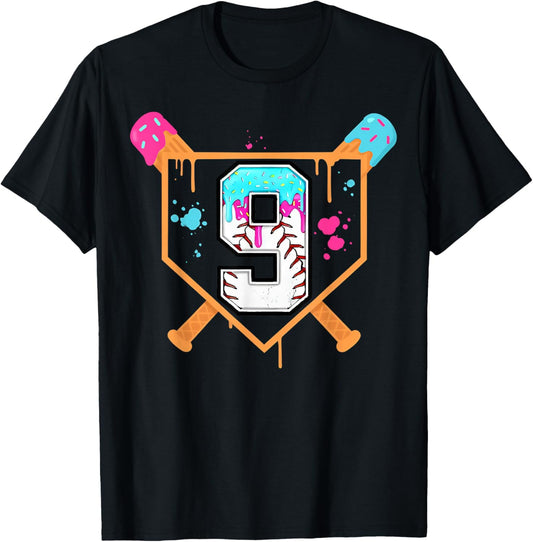 Baseball 9th Birthday Ice Cream Drip 9 Year Old Birthday Boy T-Shirt