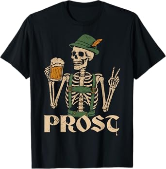 Prost German Oktoberfest Funny Skeleton Lederhosen Beer Men T-Shirt