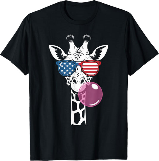 Giraffe with Bubblegum and USA Glasses for 4th of July T-Shirt