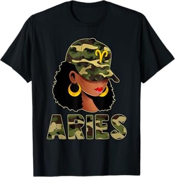Aries Queen Camouflage Black Woman Cap Zodiac Sign T-Shirt