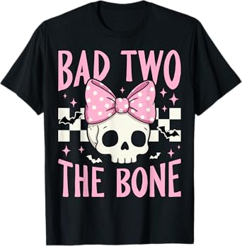 Bad Two The Bone Skull with Pink Bow for Halloween T-Shirt