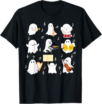 Ghost Playing Musical Instruments Halloween Music Teacher T-Shirt