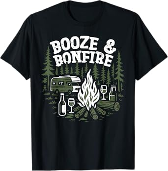 Motorhome Camping Retro Drunk Alcohol Beer Booze & Bonfire T-Shirt