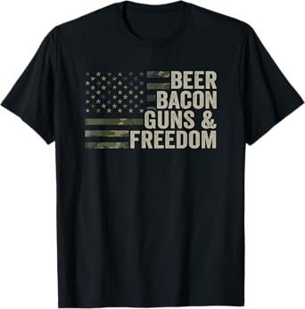 BEER BACON GUNS & FREEDOM - Funny BBQ Drinking Gun Camo T-Shirt