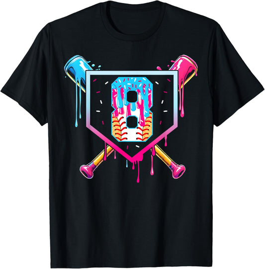 Baseball 8 Year Old Ice Cream Drip 8th Birthday Boy 8 T-Shirt
