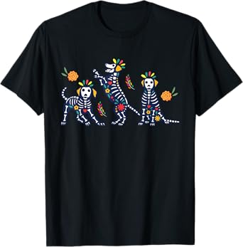 Day of the Dead Colorful Skeleton Dogs Mexican Halloween T-Shirt
