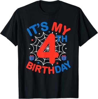 It's My 4th Birthday Spider Theme Party 4 Year Old Boys Kids T-Shirt