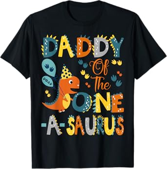 Dinosaur T-Rex 1St Birthday Matching Family Daddy Of The One-A-Saurus Unisex-Kids T-Shirt Black Small Modern Classic Cartoon Dinosaur Birthday T-Shirt