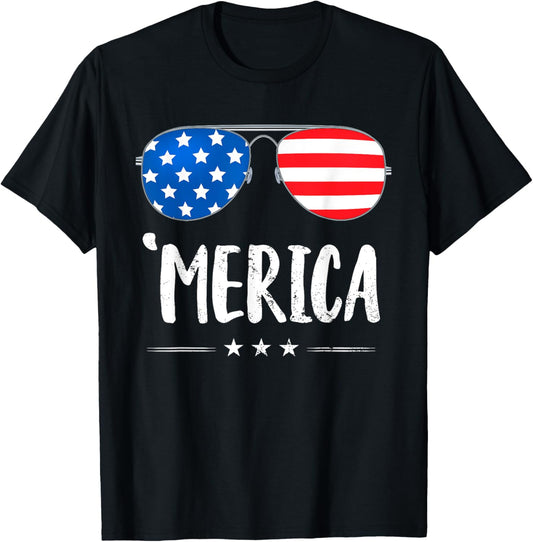 Merica Sunglasses 4th of July Boys Girls USA Flag Patriotic T-Shirt