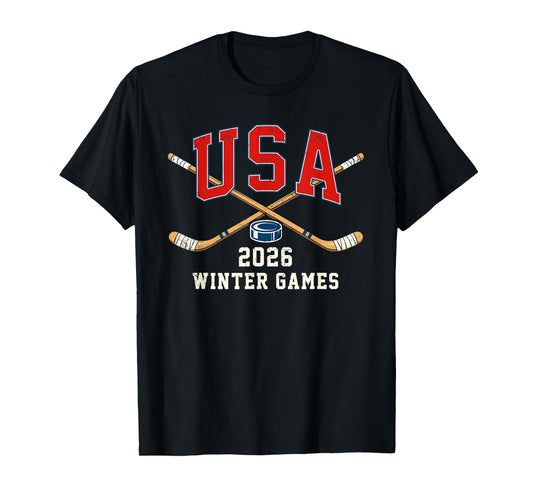 Ice Hockey 2026 Sticks US Flag Patriotic Player Men Boys Kid T-Shirt - T-Shirt | Black