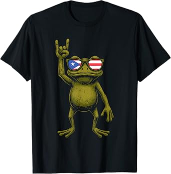 Retro Coquí Frog Puerto Rican Flag Rock Sign T-Shirt