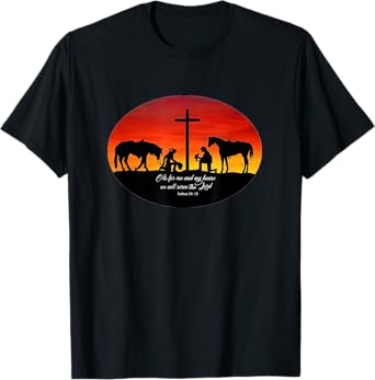 2 Cowhands praying at the Cross sunset. Christian Cowboy T-Shirt